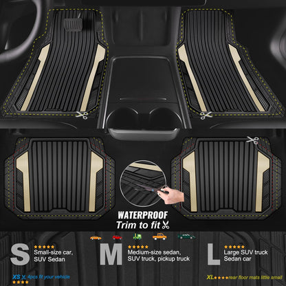 CAR PASS Heavy Duty Rubber Car Mats Metallic, Aluminum Film All Weather Floor Mats Waterproof Universal Trim to Fit Automotive SUV Sedan Van 4 Piece Anodized Deep Dish Two-Tone Sporty Black Red Chrome