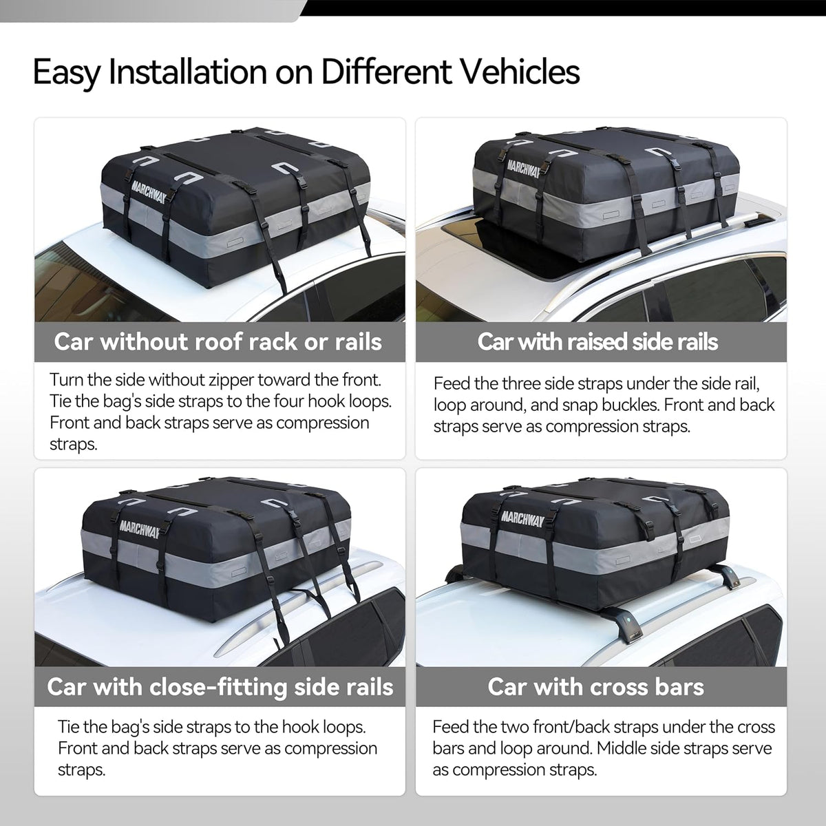 MARCHWAY Waterproof Car Roof Luggage Bag, Weatherproof Soft Shell Rooftop Cargo Carrier Bag for Vehicles with or Without Rack. 6 Door Hooks, Anti Slip Mat, Lock Included (21 Cubic Feet, Black)