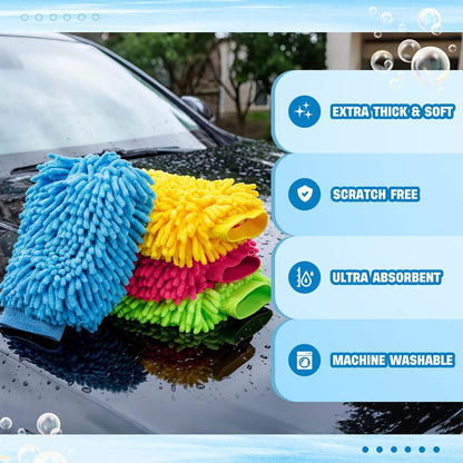 24 Pack Car Wash Mitt Bulk Microfiber, 10'' x 8'' Chenille Car Wash Mitt Gloves, Scratch Free Double Sided No Lint No Marks for Truck SUV and All Vehicle Surfaces (Blue)