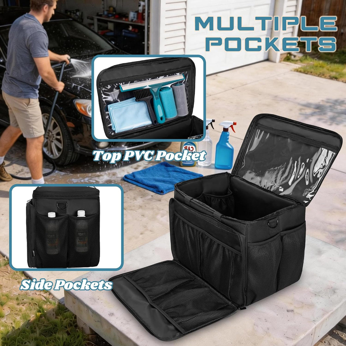 Large Car Detailing Organizer with Hard Pad Support, Car Detailing Bag with Multiple Pockets, Cleaning Bags for Housekeepers, Cleaning Supply Bag, Black