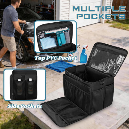 Large Car Detailing Organizer with Hard Pad Support, Car Detailing Bag with Multiple Pockets, Cleaning Bags for Housekeepers, Cleaning Supply Bag, Black