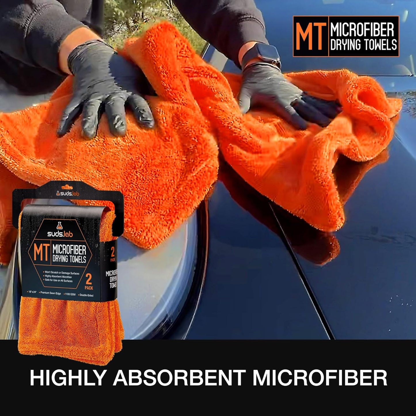 Suds Lab Large Microfiber Drying Towel (24 in x 35 in) Car Exterior Cleaning and Detailing Cloth, Safe On Plastic Trim, Glass, Carbon Fiber, Paint
