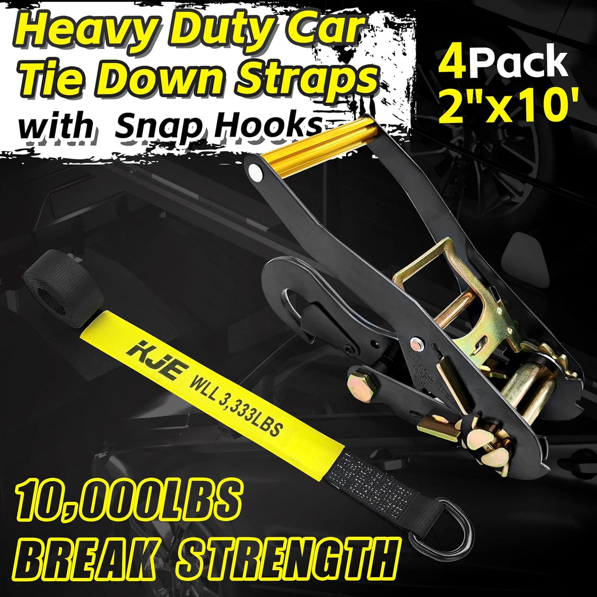 KJE 4 Pack Car Tie Down Straps for Trailers - Lasso Style Tire Ratchet Strap with Snap Hooks - 2" x 10' 10,000LBS Break Strength - Wheel Straps for Hauling UTV, SUV, Truck, Any Cars