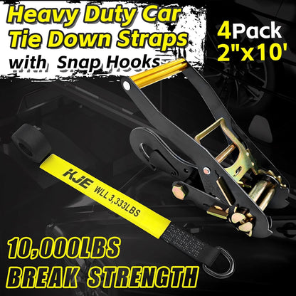 KJE 4 Pack Car Tie Down Straps for Trailers - Lasso Style Tire Ratchet Strap with Snap Hooks - 2" x 10' 10,000LBS Break Strength - Wheel Straps for Hauling UTV, SUV, Truck, Any Cars