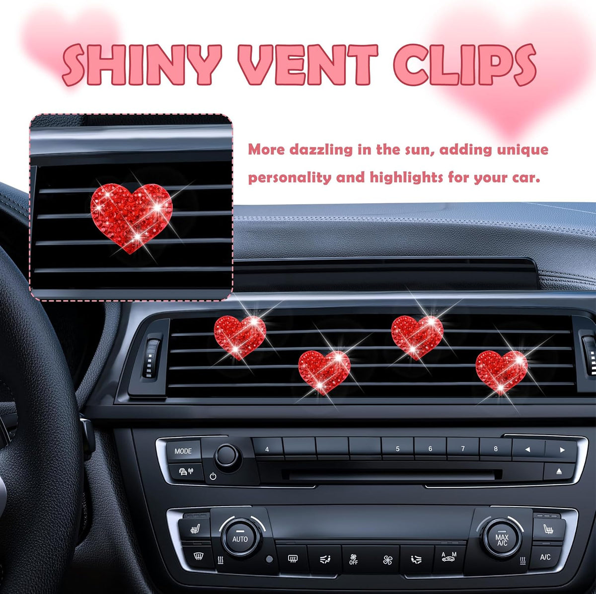 4PCS Heart-Shaped Car Vent Clips with Rhinestone,Bling Air Vent Clips Car Decorations,Premium Shiny Car Clips for Vents CCar Accessories Interior for Cars,Trucks,SUVs (Pink)