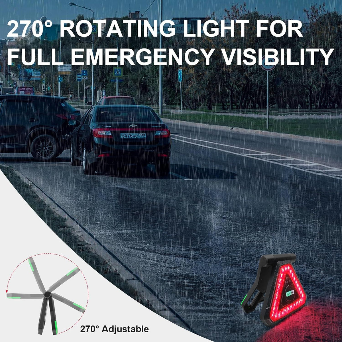 Agrieyes USB-C Rechargeable Emergency Triangle Lights, Portable Flashing LED Warning Triangle Light with 5 Modes, Portable Road Safety Hazard Light for Car Truck RV Vehicle Roadside, IP65 Waterproof