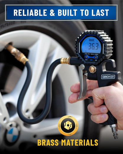 Tire Inflator with Pressure Gauge and Longer Hose - Most Accurate, Heavy Duty Air Chuck with Gauge for Air Compressor Tire Inflator Attachment - 100PSI