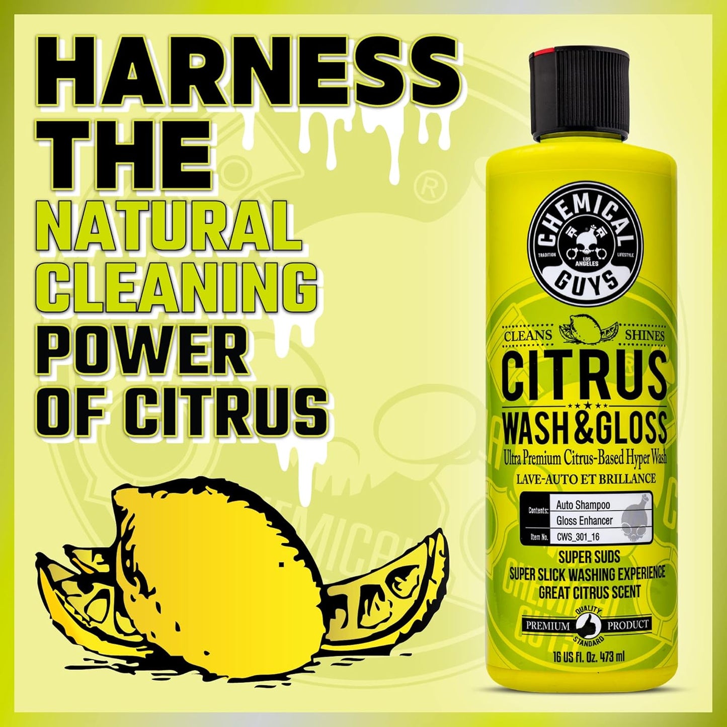 Chemical Guys Citrus Wash & Gloss Foaming Car Wash Soap - High Suds Formula Foam Cannon Soap for Foam Blasters, or Bucket Washes - Safe on Paint, Clear Coat, and Wax, Citrus Scent - 16 oz