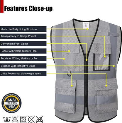 Safety Vest for Men Women Hi Vis Vest with Pockets Mesh High Visibility Vests Meets ANSI/ISEA Standards