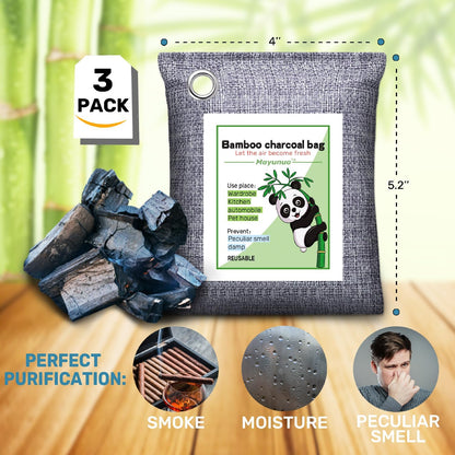 Activated Charcoal Odor Absorber for Strong Odor, Basement, Cars, Closets, Shoes, Smoke. 3 Pack Bamboo Charcoal Air Purifying Bags Deodorizer Odor Eliminator for Home