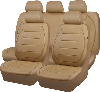 CAR PASS Universal FIT Piping Leather Two Front Seat Covers, Waterproof Faux Leather for SUV Sedan Van Truck, Airbag Compatible,Reserved Opening Holes for Headrest Covers. (Black red)