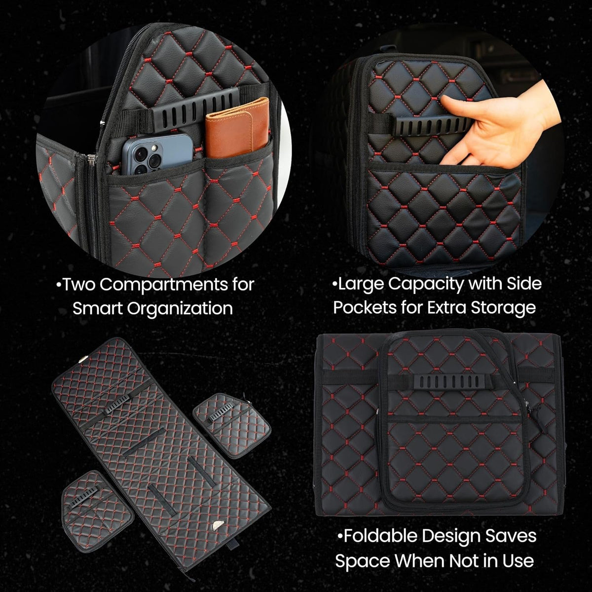 Leather Trunk Organizer with Lid for Suv and more, Foldable Car Organizer, Car Organizers and Storage with Pockets, Non-Slip Design (Black-Black)