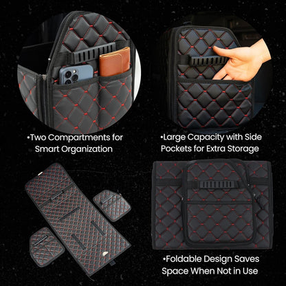 Leather Trunk Organizer with Lid for Suv and more, Foldable Car Organizer, Car Organizers and Storage with Pockets, Non-Slip Design (Black-Black)