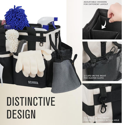 SCAVATA Compact Wearable Cleaning Caddy, Small Supplies Organizer with Handle & Shoulder Straps for Housekeepers, Under Sink & Car Cleaning Tool Organizer Bag (Black)