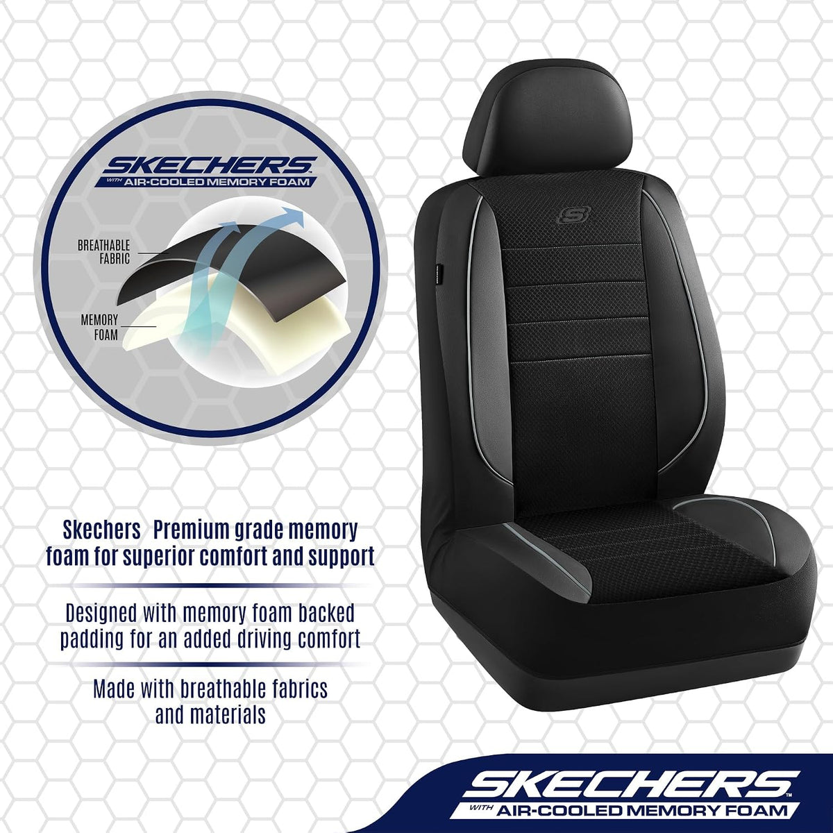 Skechers Air-Cooled Memory Foam Seat Covers,Mesh Thick Car Seat Covers,Piping Leather Car Seat Covers Front Seats,Airbag Compatible,Automotive Comfort Universal FitMost Cars,Vans,Truck,SUV,Black