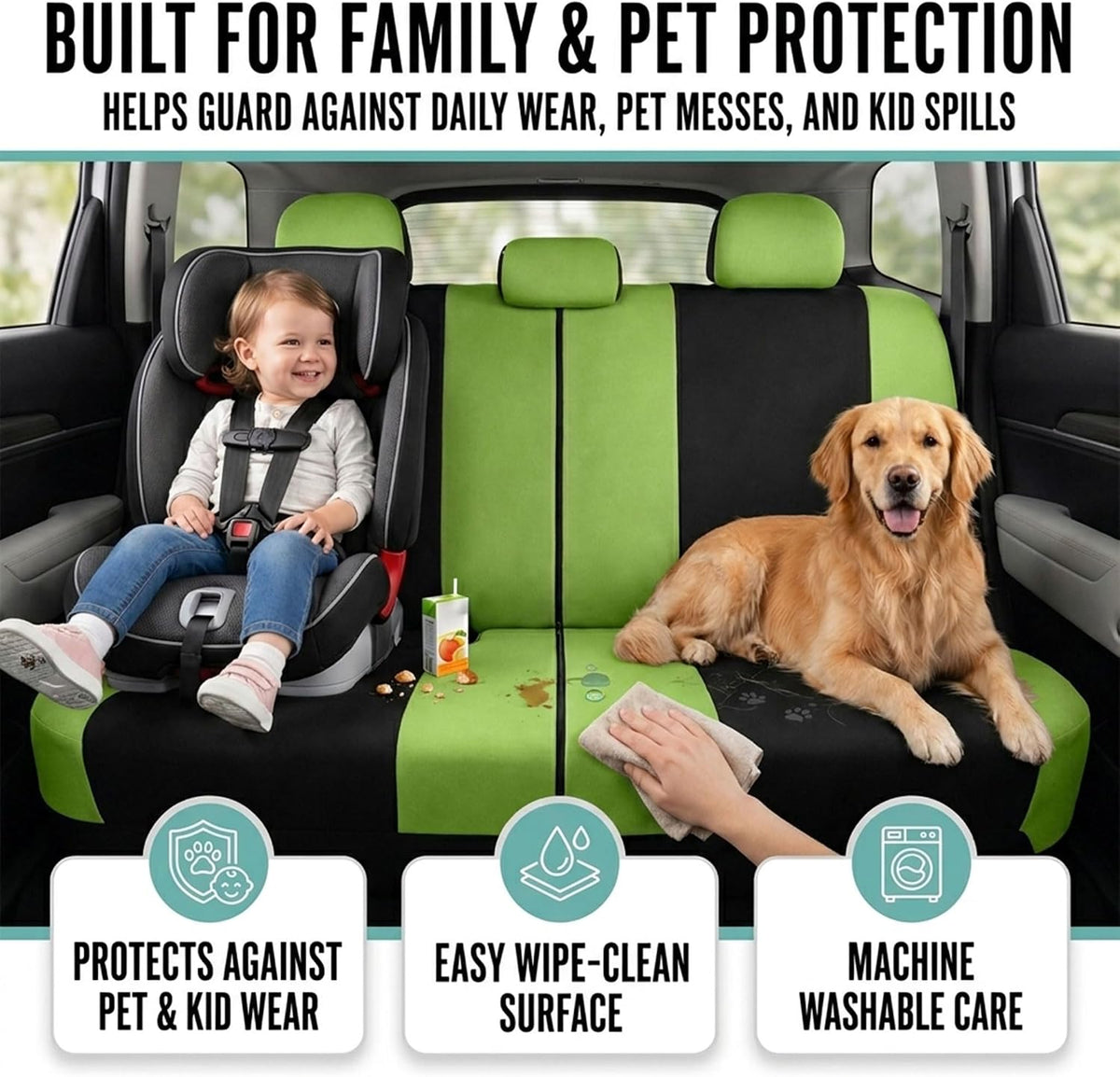 FH Group Full Set Cloth Car Seat Covers, Universal Fit Front and Split Bench Rear, Airbag Compatible, Washable for SUV, Sedan, Van - Black