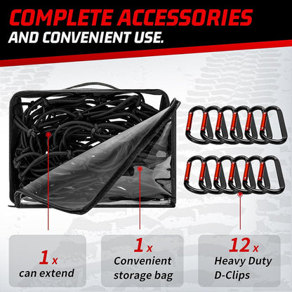 Heavy Duty Cargo Net for Pickup Truck Bed - Stretches from 5' x 7' to 15' x 21' - 12 Metal Carabiners - Compatible with Ford, Dodge RAM, Chevy, Toyota - Ideal for (Black, 5X7 Feet)