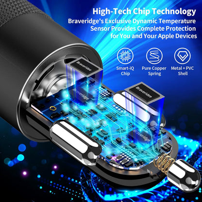 【MFi Certified】iPhone 17 Car Charger Fast Charging, Braveridge 75W USB C PD&QC Car Power Cigarette Lighter USB Charger with 6FT Type C Coiled Cable for iPhone 17/17 Pro Max/16/15/Galaxy S26/S25/Pixel