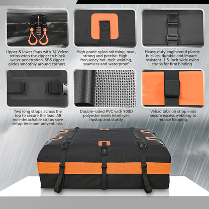 MARCHWAY Waterproof Car Roof Luggage Bag, Weatherproof Soft Shell Rooftop Cargo Carrier Bag for Vehicles with or Without Rack. 6 Door Hooks, Anti Slip Mat, Lock Included (21 Cubic Feet, Black)