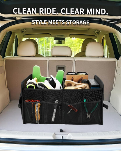 SIBOFUEGO Sturdy Car Trunk Organizer – Large Capacity Trunk Organizer for SUVs & Sedans, Hard-Shell One-Piece Design with Cute Print, Collapsible and Durable Car Organizers (Black Leopard 70L)