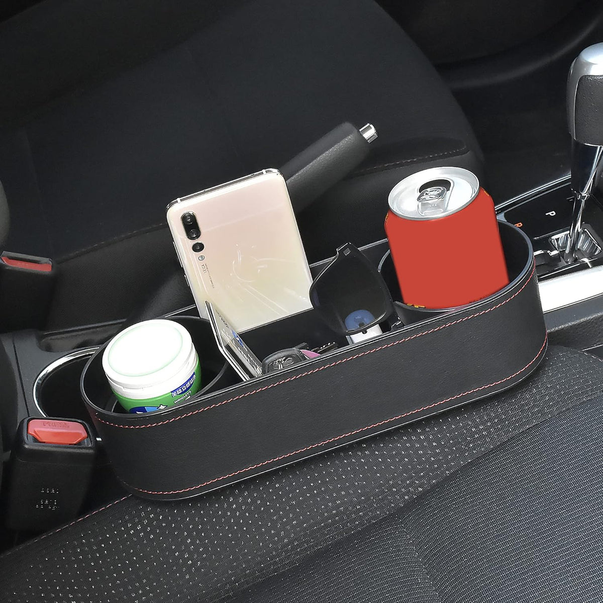IOKONE Car Cup Holder, Auto Cup Drink Holders，Multifunctional Auto Front Seat Organizer with PU Leather Cover, Gap Filler Storage Box Coin Bucket Console Side Pocket Cell Mobile Phone Holder (Black)