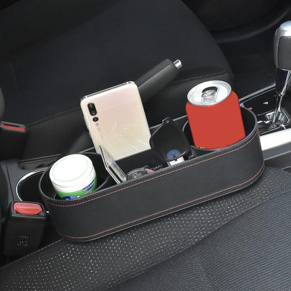 IOKONE Car Cup Holder, Auto Cup Drink Holders，Multifunctional Auto Front Seat Organizer with PU Leather Cover, Gap Filler Storage Box Coin Bucket Console Side Pocket Cell Mobile Phone Holder (Black)