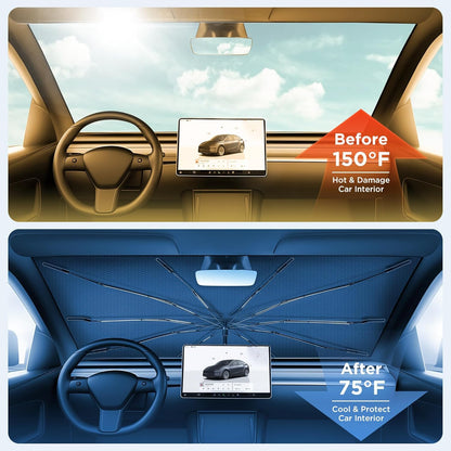 2026 Upgraded Windshield Sun Shade Umbrella [7-Layer Vinyl Coating Heat Shield] Foldable Front Window Sunshade Umbrella Flexible Handle Protect Interior from UV Keep Car Cooler (57" x 31")
