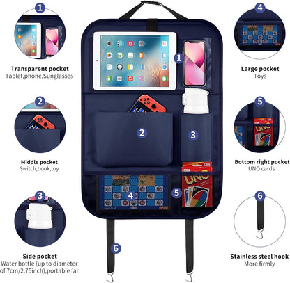 LUCMO Car Backseat Organizer with Tablet Holder,6 Storage Pockets Car Storage Organizer with Foldable Food Tray,Protectors Kick Mats Travel Accessories-Black