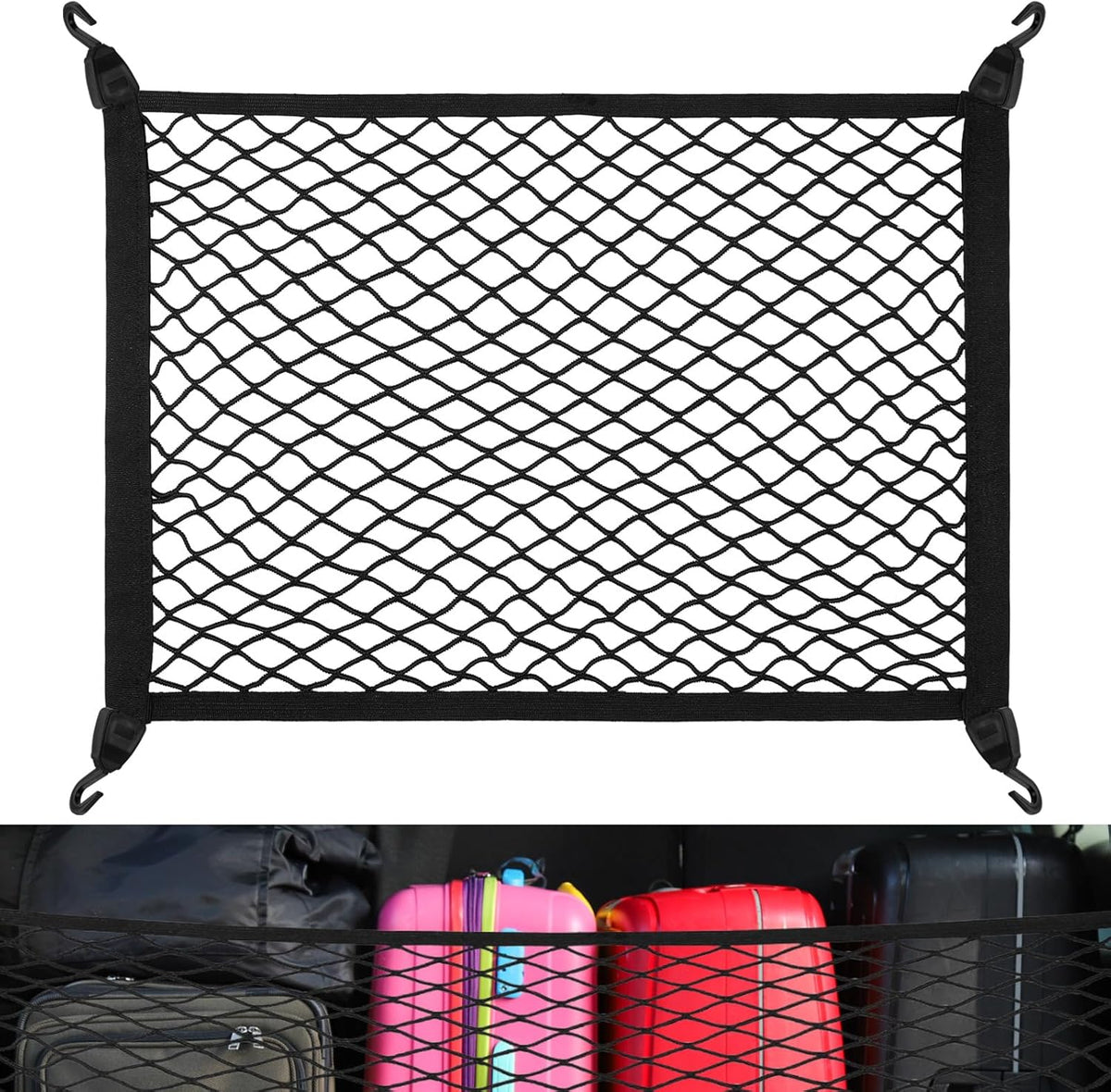 Cargo Net 60×40cm, Car Trunk Net Elastic Nylon Baggage, Car Trunk Net with 4 Hooks, Storage Organizer Car Net for Car Boot Vehicle Van SUV(Black)