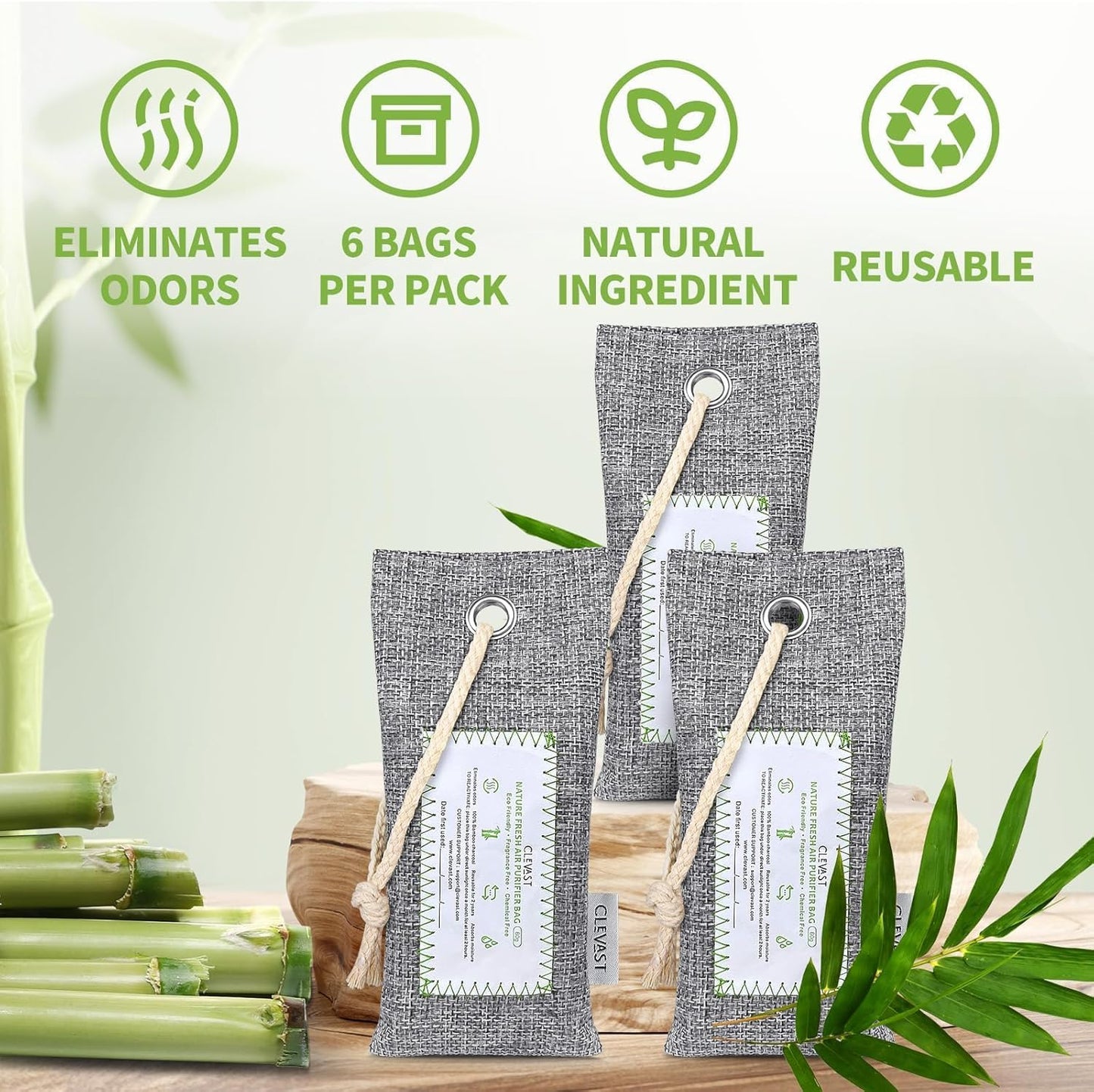 CLEVAST Bamboo Charcoal Air Purifying Bags - (Large, 4×200g), Removes Odors and Moisture, Nature Fresh Air Purifier Bags, Odor Eliminator for Home, Car, Pets, Bathroom, Basement