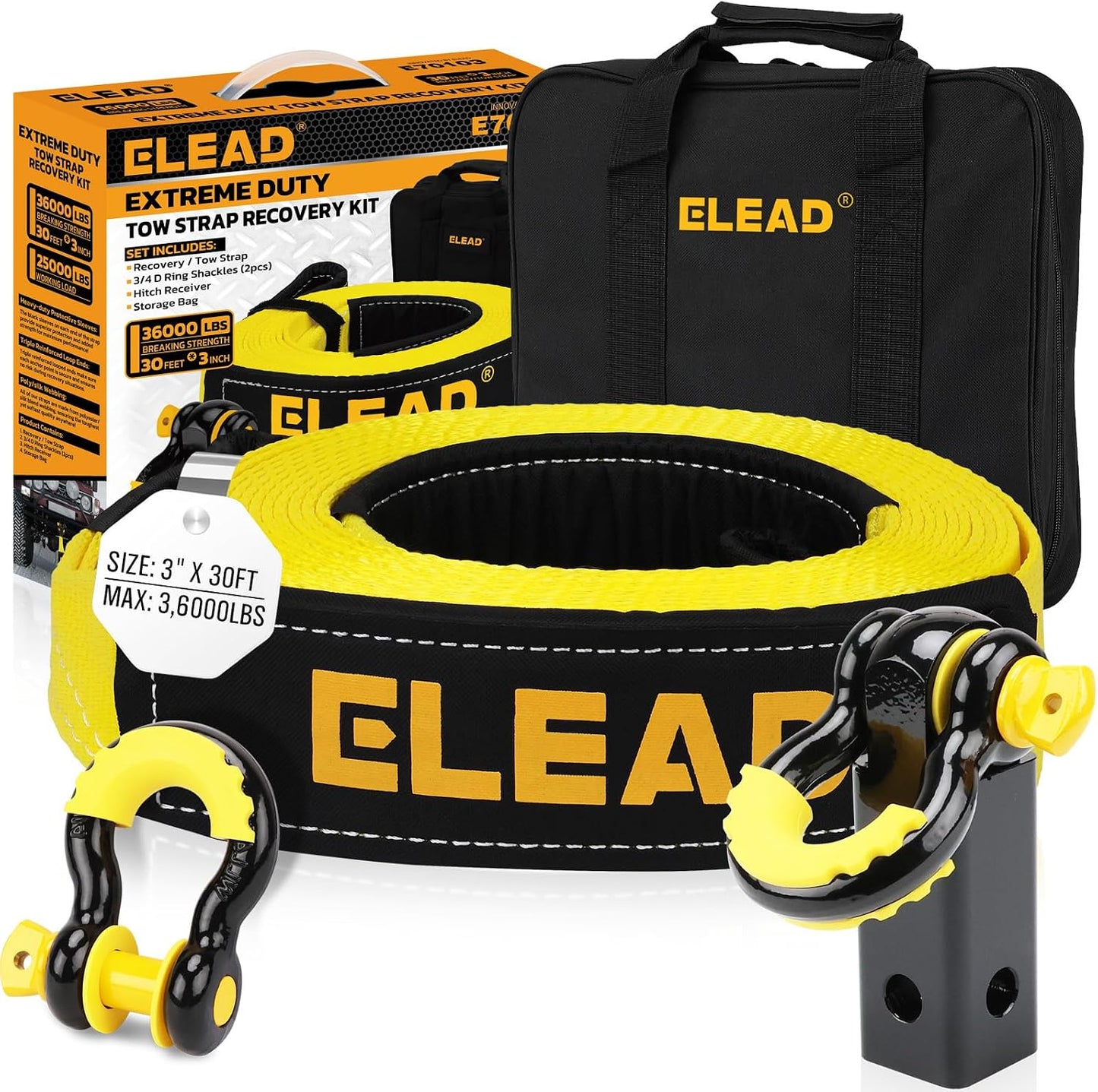 3" x 30Ft Recovery Tow Strap Heavy Duty with Hooks - 36000 LBS Break Strength, 3/4 D Ring Shackles (2pcs), Emergency Recovery Strap Tow Rope for Truck, SUV, ATV Offroad Vehicle