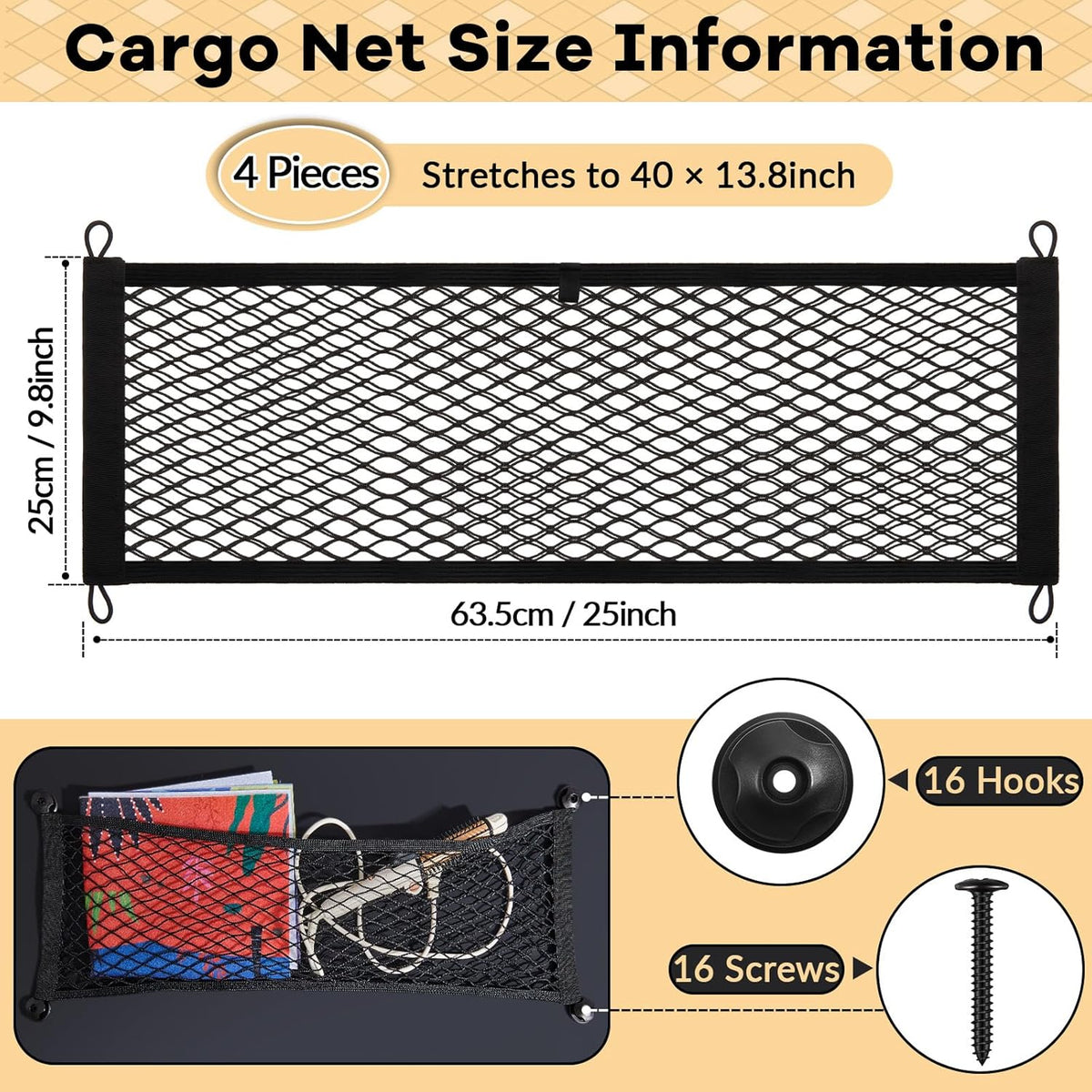 Frienda 2 Pieces Stretchable Small Cargo Net Pocket Storage Mesh Net Elastic Automotive Storage Pouch with 8 Pieces Mounting Screws and Hooks for Truck Car SUV Boats(21 x 9.8 Inches)