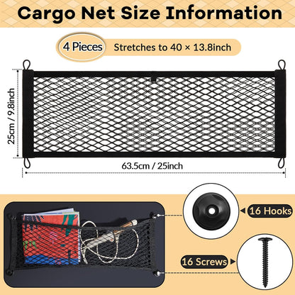 Frienda 2 Pieces Stretchable Small Cargo Net Pocket Storage Mesh Net Elastic Automotive Storage Pouch with 8 Pieces Mounting Screws and Hooks for Truck Car SUV Boats(21 x 9.8 Inches)