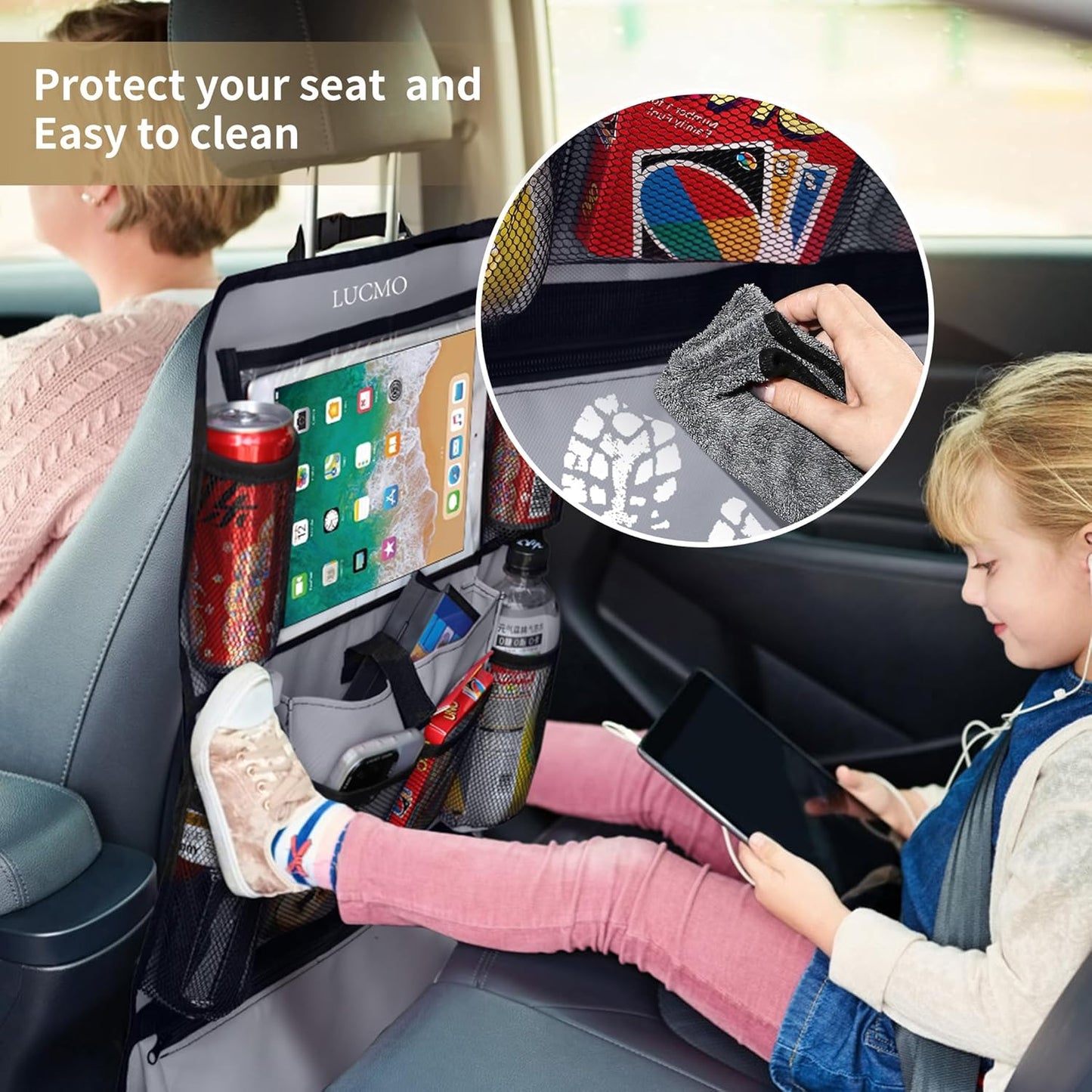 LUCMO Car Backseat Organizer with Tablet Holder,6 Storage Pockets Car Storage Organizer with Foldable Food Tray,Protectors Kick Mats Travel Accessories-Black