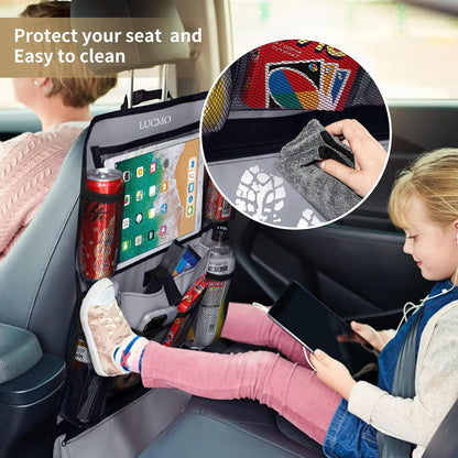 LUCMO Car Backseat Organizer with Tablet Holder,6 Storage Pockets Car Storage Organizer with Foldable Food Tray,Protectors Kick Mats Travel Accessories-Black