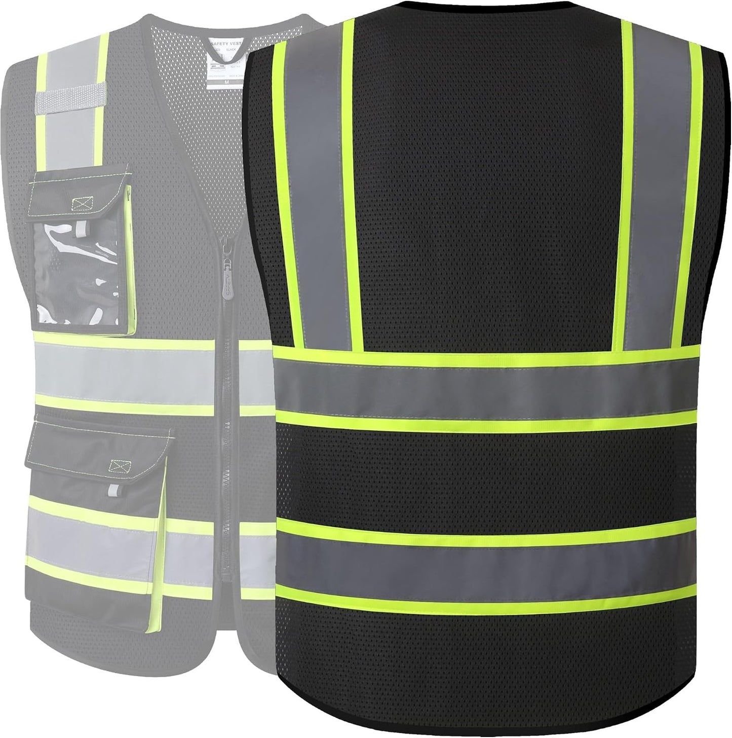JKSafety Hi Vis Reflective Safety Vests for Men Women High Visibility Vest with Pockets Mesh Fabric Construction Safety Apparel Neon Vest for Work (220-Black L)