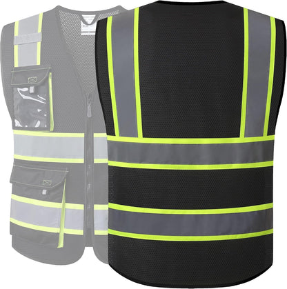 JKSafety Hi Vis Reflective Safety Vests for Men Women High Visibility Vest with Pockets Mesh Fabric Construction Safety Apparel Neon Vest for Work (220-Black L)