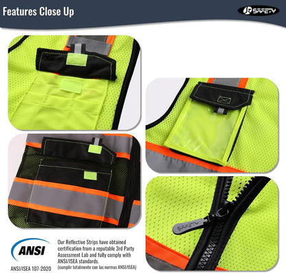 JKSafety Hi Vis Reflective Safety Vests for Men Women High Visibility Vest with Pockets Mesh Fabric Construction Safety Apparel Neon Vest for Work (220-Black L)