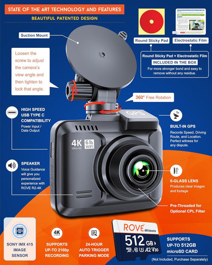 ROVE R2-4K Dash Cam, 4K UHD 2160P Car Camera with 8MP CMOS Sensor, Built-in WiFi 6 and GPS, Dash Camera For Cars with 2.4" Screen, Super Night Vision, 150" Wide Angle, Parking Mode, Supports 512GB Max