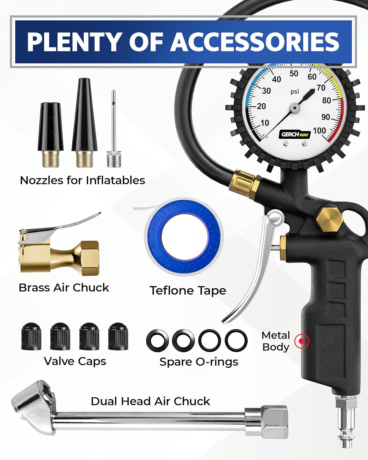 Tire Inflator with Pressure Gauge and Longer Hose - Most Accurate, Heavy Duty Air Chuck with Gauge for Air Compressor Tire Inflator Attachment - 100PSI