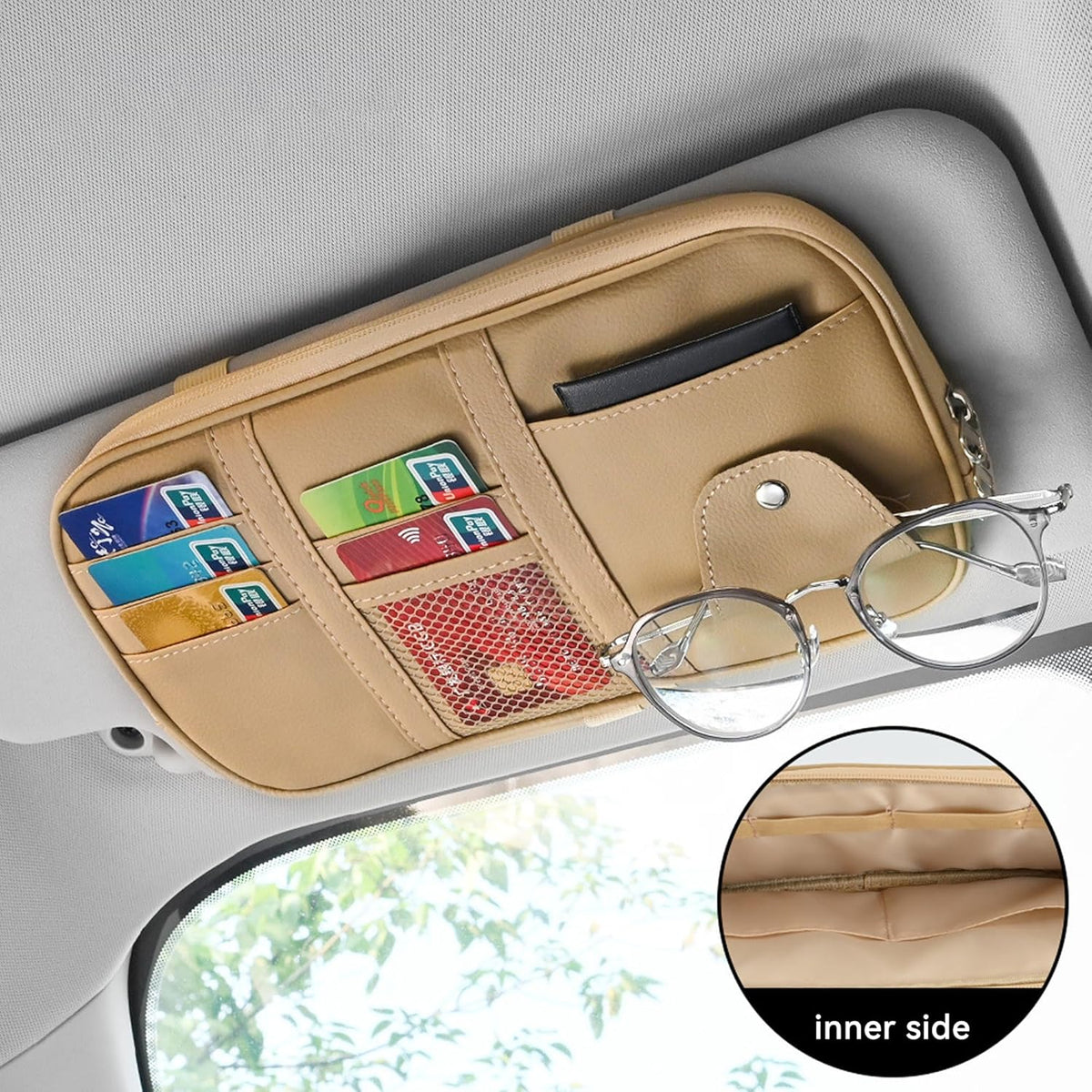 Car Sun Visor Organizer, Sunglass Holder and Storage Pocket, Card Cash Pouch with Multi-Pocket Net Zipper, Case Bag for License Pen Key, Auto Accessories for Truck, SUV, Van (Purple)