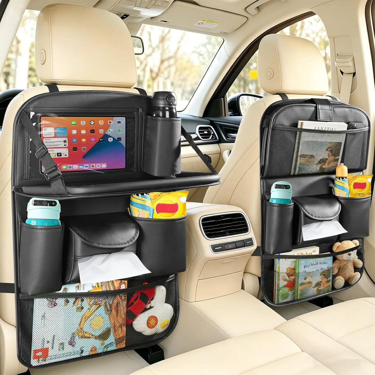 1 Pack Backseat Car Organizer with Foldable Tray Table, PU Leather Seat Back Organizer with Tablet Holder, Large Storage Pockets, Waterproof Kick Mat & Seat Back Protector for Cars, SUVs & Minivans