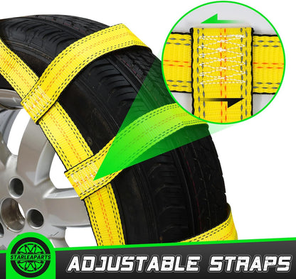 STARLEAPARTS Tow Dolly Straps with Reflective, 2 Pack Tow Dolly Basket Straps with Flat Hook, Car Dolly Strap, 10,000 lbs Breaking Strength, Tire Bonnet with Carrying Bag Fits Most 14"-17" Tires