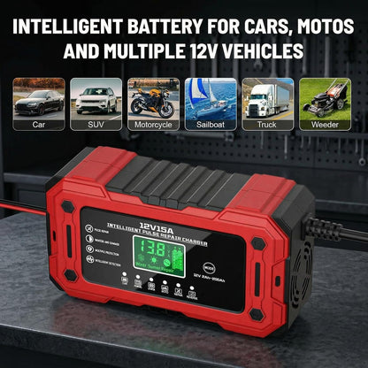 Battery Charger 15A 12V Fully Automatic Smart Trickle Car Battery Charger Maintainer with LCD Display & Temperature Compensation for Car Truck Motorcycle Lawn Mower Boat