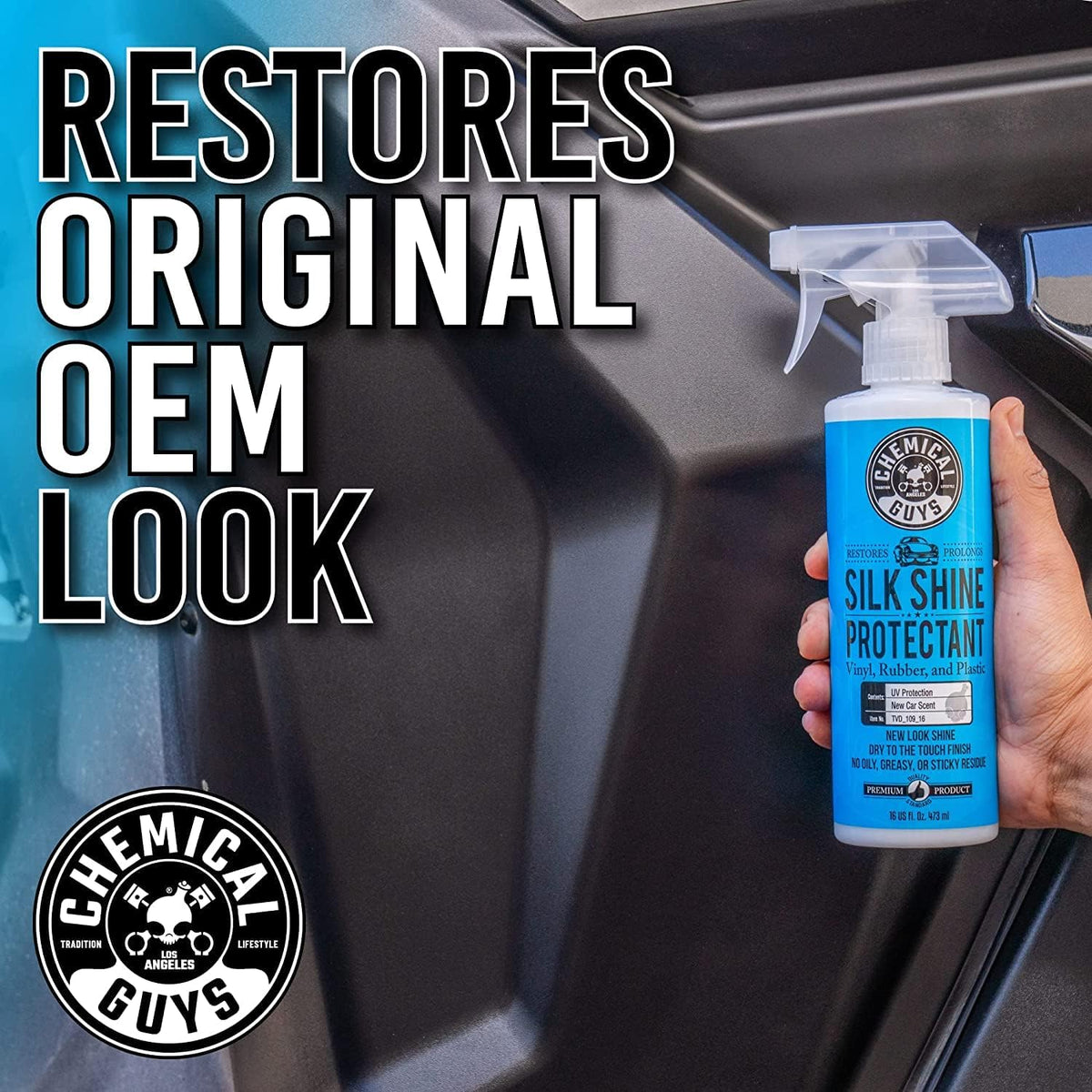 Chemical Guys Silk Shine Tire and Trim Dressing and Protectant – Non-Greasy Vinyl, Plastic & Rubber Spray, Plastic Restorer for Cars – Restores Shine for Cars, Trucks, Motorcycles, RVs, 16 fl oz
