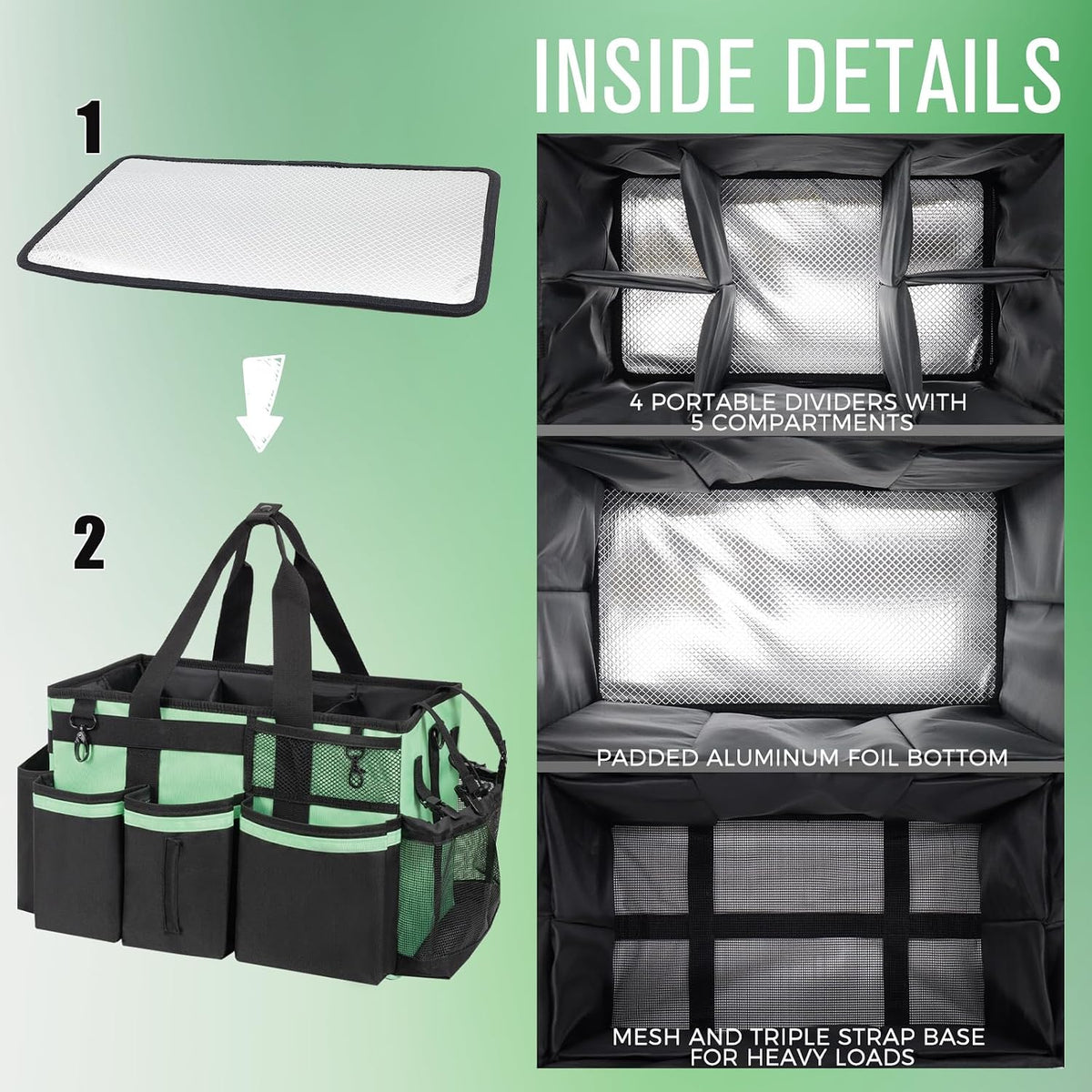 SCAVATA Wearable Cleaning Caddy Organizer with Handle & Shoulder Straps for Housekeepers, Under Sink & Car Cleaning Tool Organizer Bag with 4 Foldable Dividers (Green)