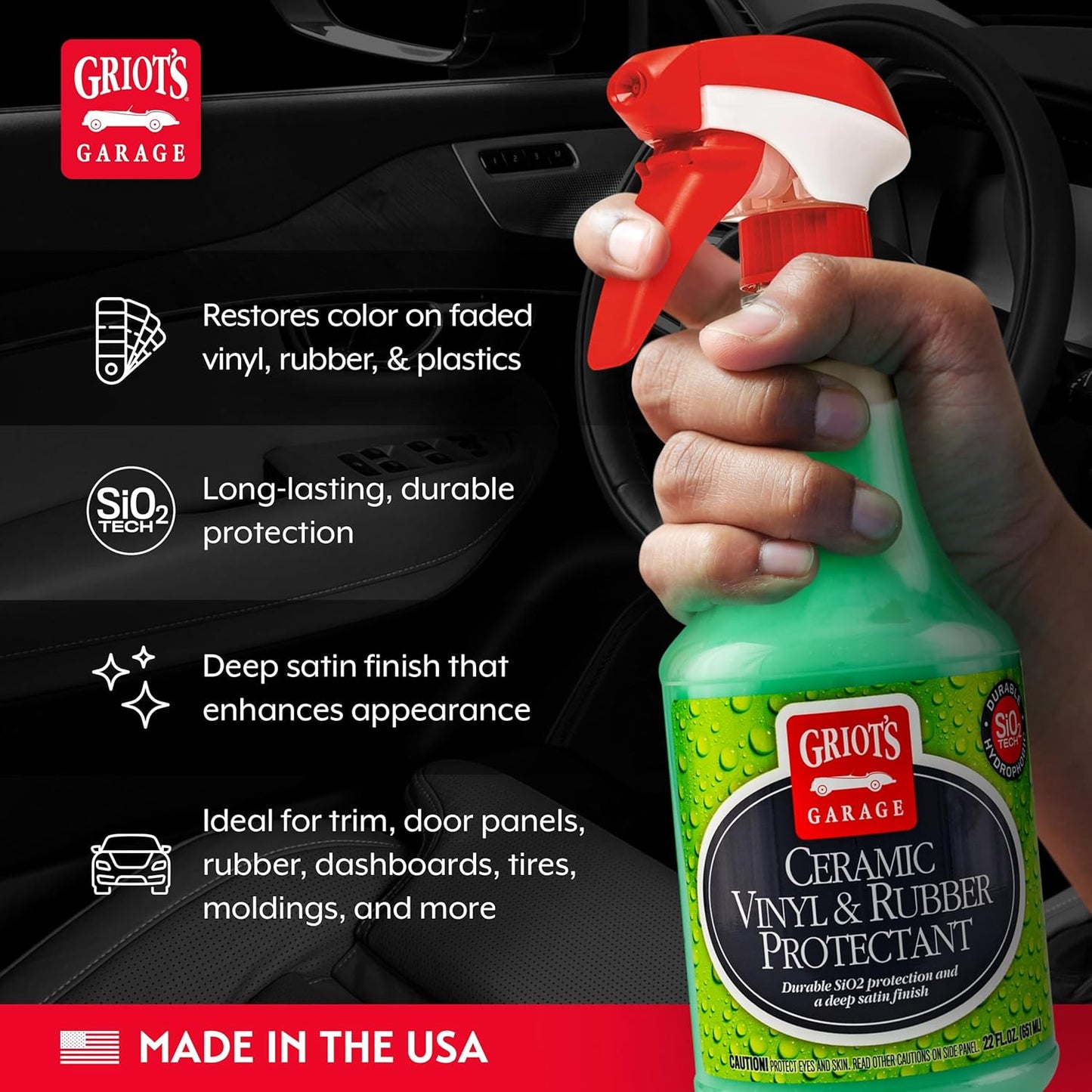 Griot's Garage Ceramic Vinyl and Rubber Protectant for Car Detailing, Restorer and Protectant for Dashboards, Door Panels, Tires, Exterior Trim, Moldings, and More, 10821, 22oz
