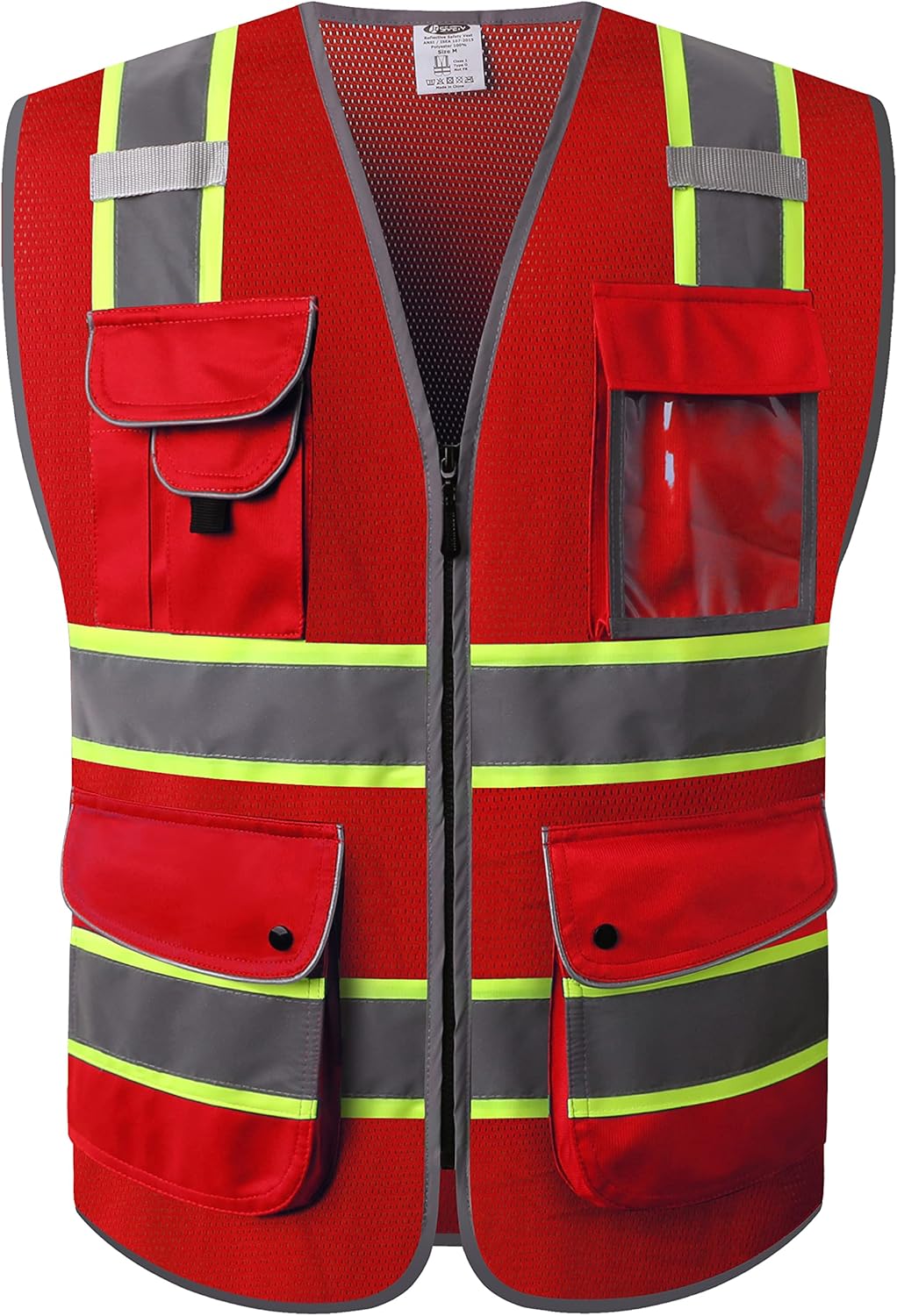 JKSafety 9 Pockets Class 2 High Visibility Zipper Front Safety Vest With Reflective Strips,Meets ANSI/ISEA Standard (Large, 150-Yellow) - Colors A