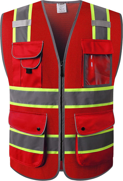 JKSafety 9 Pockets Class 2 High Visibility Zipper Front Safety Vest With Reflective Strips,Meets ANSI/ISEA Standard (Large, 150-Yellow) - Colors A