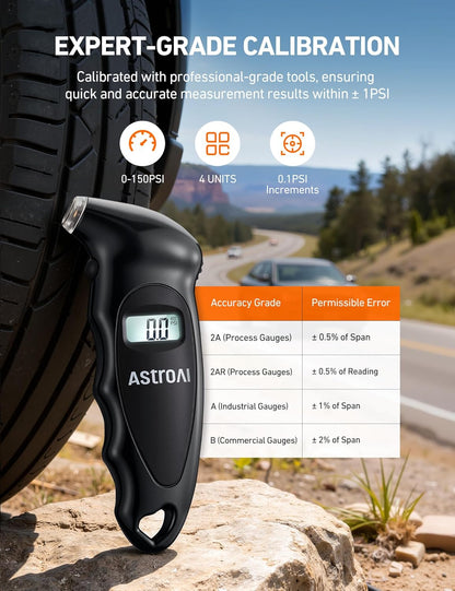 AstroAI Digital Tire Pressure Gauge 200 PSI, Industrial Tire Gauge Calibrated to ANSI B40.7 Grade 2A (±0.5%), AAA Batteries, for Light Trucks, Pickup Trucks, SUVs, Cars (Black)